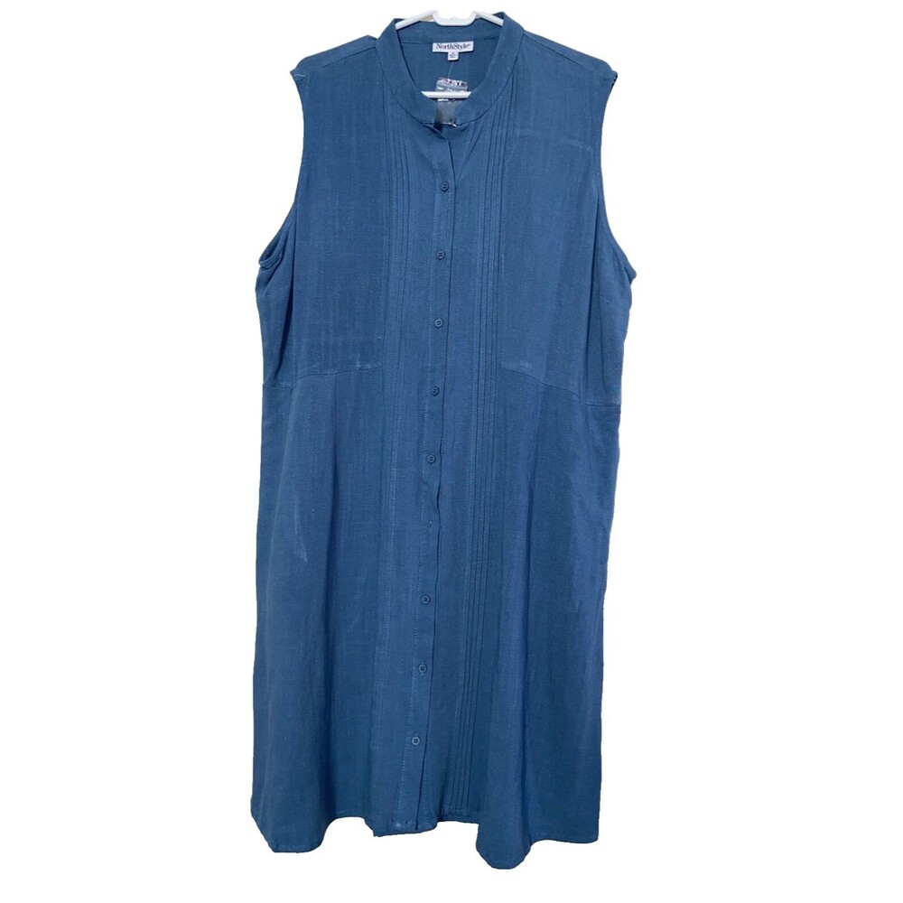NorthStyle Dress 1X Plus A-line Sleeveless Round Neck Button Up Blue Linen